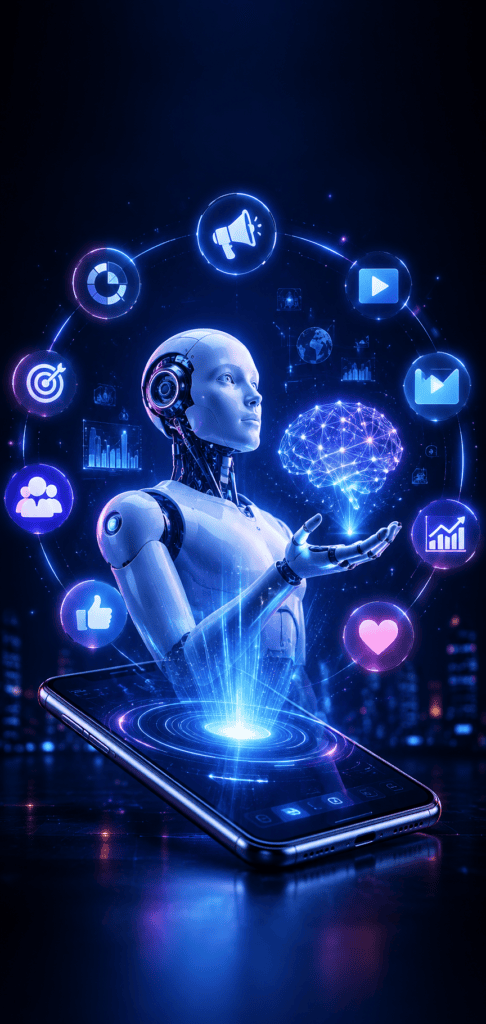 AI-Powered Marketing | Nain Digital AI marketing technology, digital brain and mobile automation icons