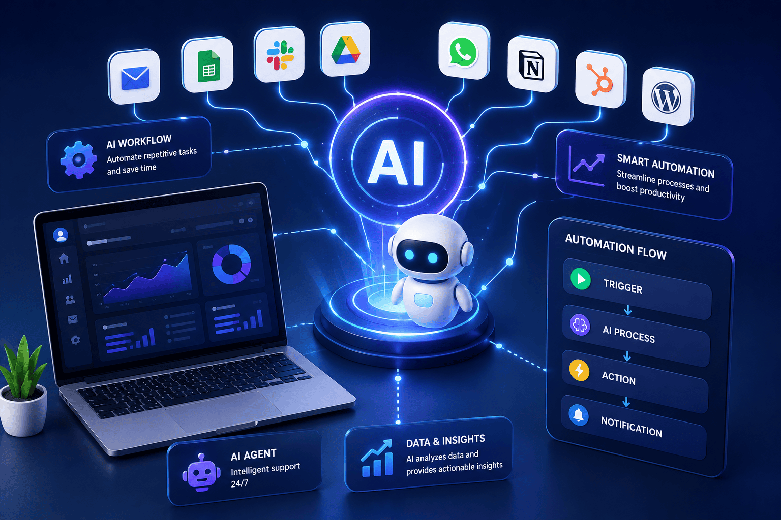AI automation workflow with robot and integration tools