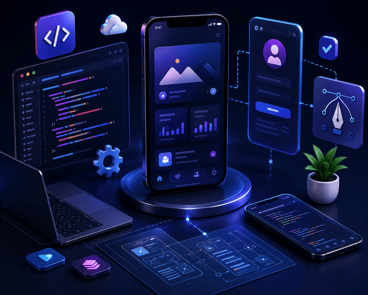 Mobile app development coding and design interface across devices