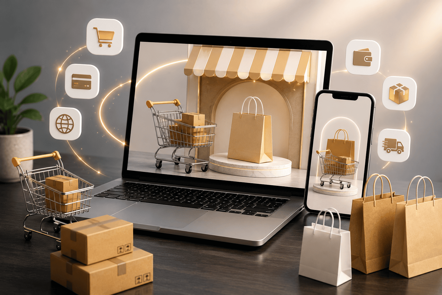 E-commerce shopping icons with laptop, phone and delivery packages