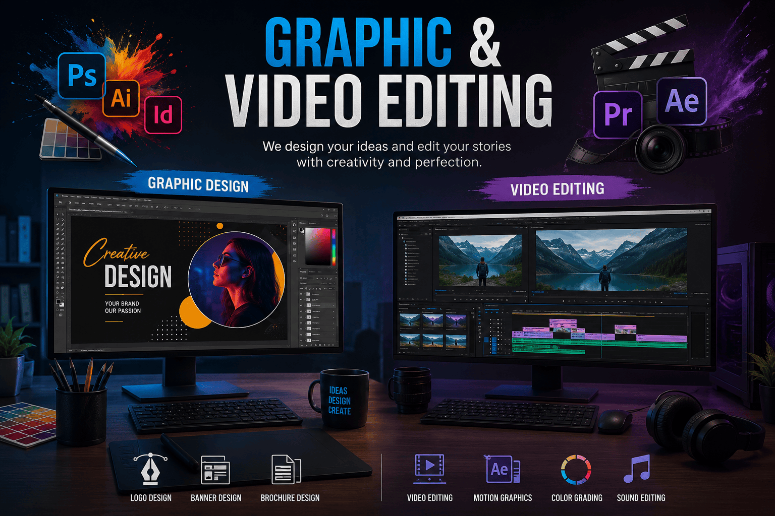 Graphic design and video editing services with Adobe software tools