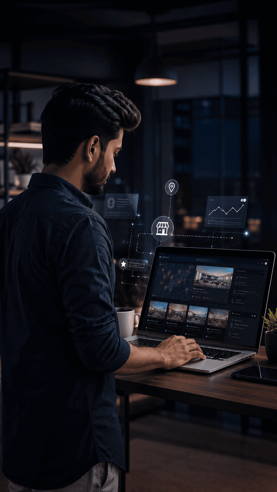 Website | Nain Digital Man working on laptop with website analytics interface