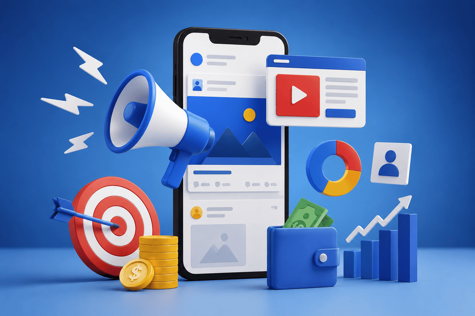 Paid advertisement marketing with target ads and revenue growth icons