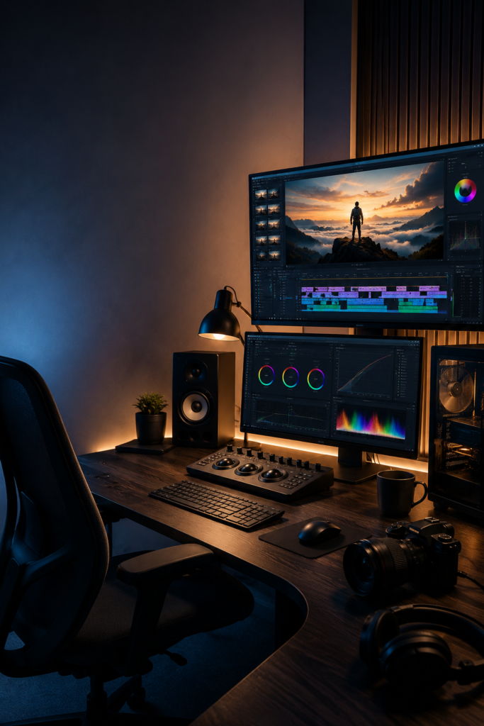 Graphic & Video Editing | Nain Digital Video editing workstation with dual monitors and color grading setup