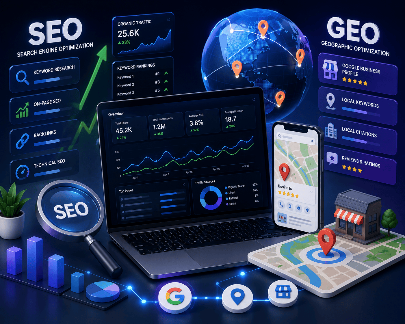 SEO and geographic optimization dashboard with keyword rankings and local maps