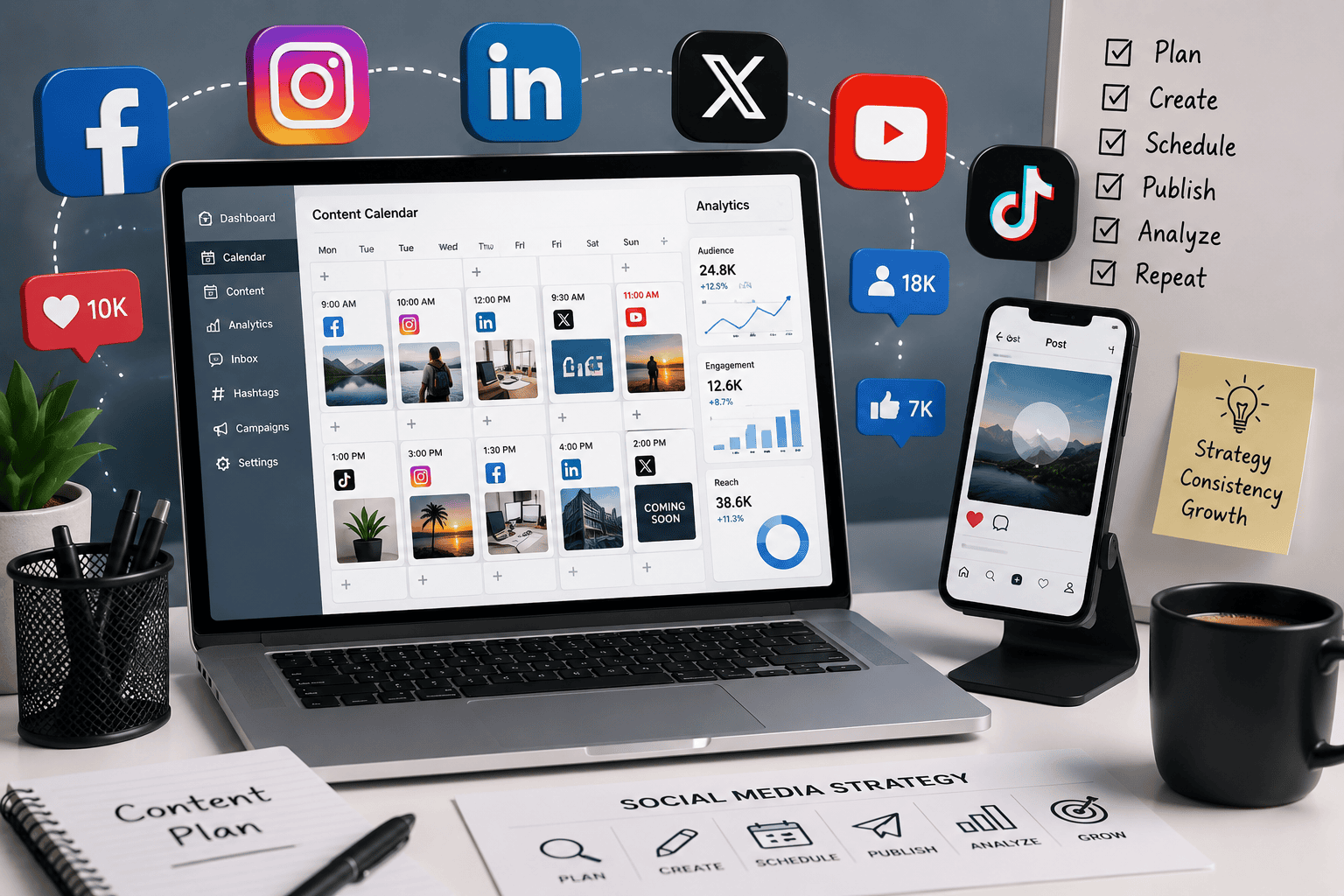 Social media strategy dashboard with content calendar and analytics