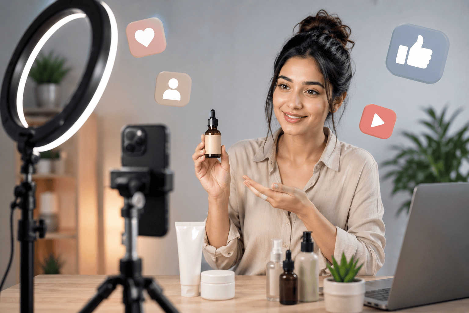 UGC creator reviewing skincare product with ring light setup