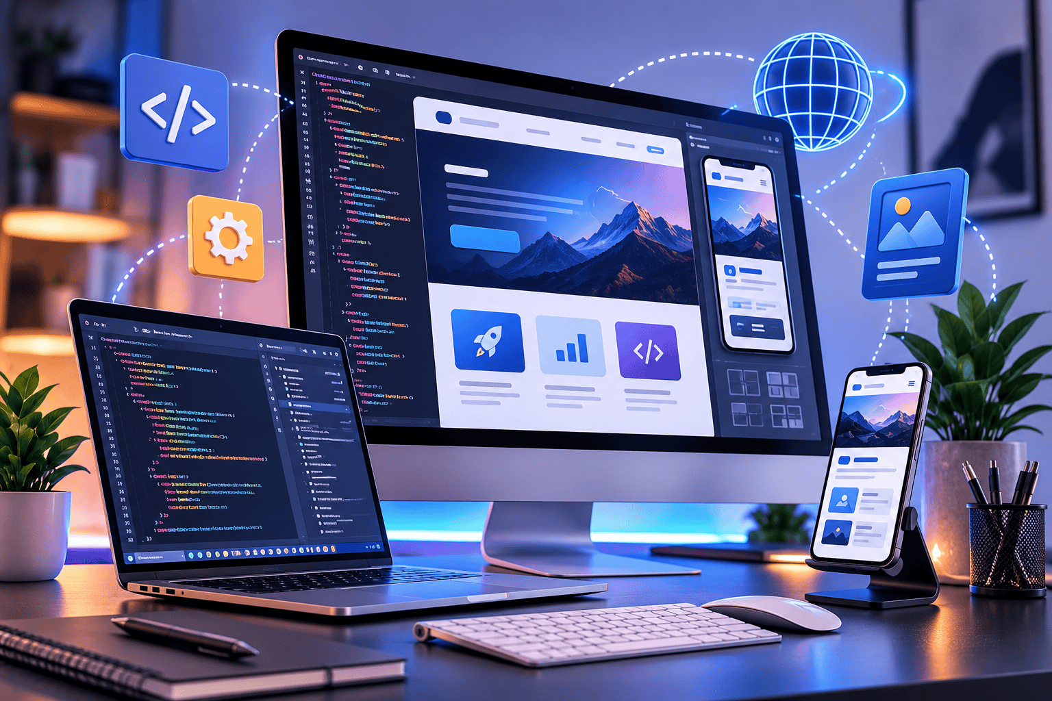 Web development coding workspace across laptop tablet and phone screens