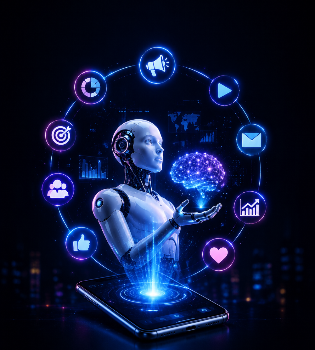AI marketing robot with holographic brain and digital icons