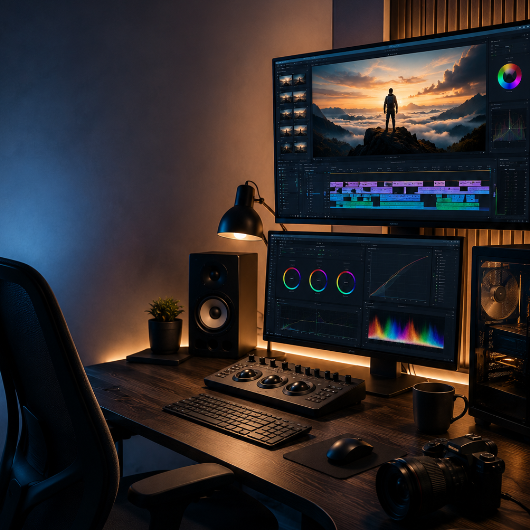 Video editing workstation with dual monitors and color grading setup
